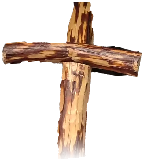 A cross with dark bark left on in long streaks